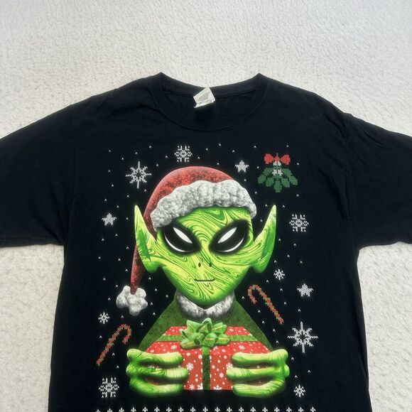 Alien Christmas Shirt Mens Medium M Black Believe Short Sleeve Holiday Cotton - Picture 3 of 9